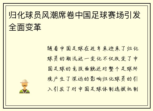 归化球员风潮席卷中国足球赛场引发全面变革