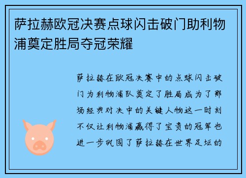 萨拉赫欧冠决赛点球闪击破门助利物浦奠定胜局夺冠荣耀